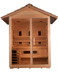 Golden Designs Carinthia three person outdoor hybrid sauna in Canadian hemlock, three quarter view
