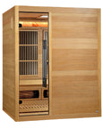 Golden Designs Soria three person indoor hybrid sauna, front view with the glass door closed