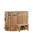 Oval cedar cold plunge tub rear view with the cover fitted