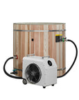 Green lined cedar barrel cold plunge tub with the chiller connected alongside