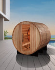 Zurich barrel sauna against a plain background, side profile