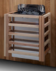 Harvia wall stove mounted in a cedar interior