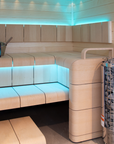 Harvia Cilindro Sauna Heater E series full view with stones underneath stainless steel grate sauna interior with light blue indirect LED lighting