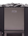 Narvi Kuru Sauna Stove close up front view with small glass door and wooden handle. grey stones on the top. Narvi logo in view