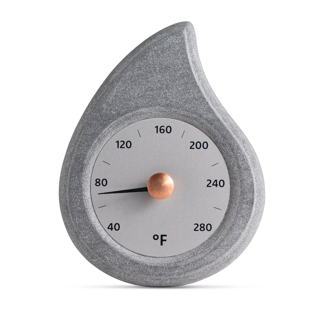 stone teardrop shaped sauna thermometer with a brass knob on a white background
