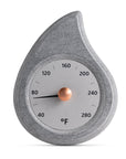 stone teardrop shaped sauna thermometer with a brass knob on a white background