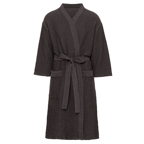 Dark gray textured sauna robe with a belt on a white background