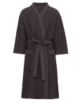 Dark gray textured sauna robe with a belt on a white background