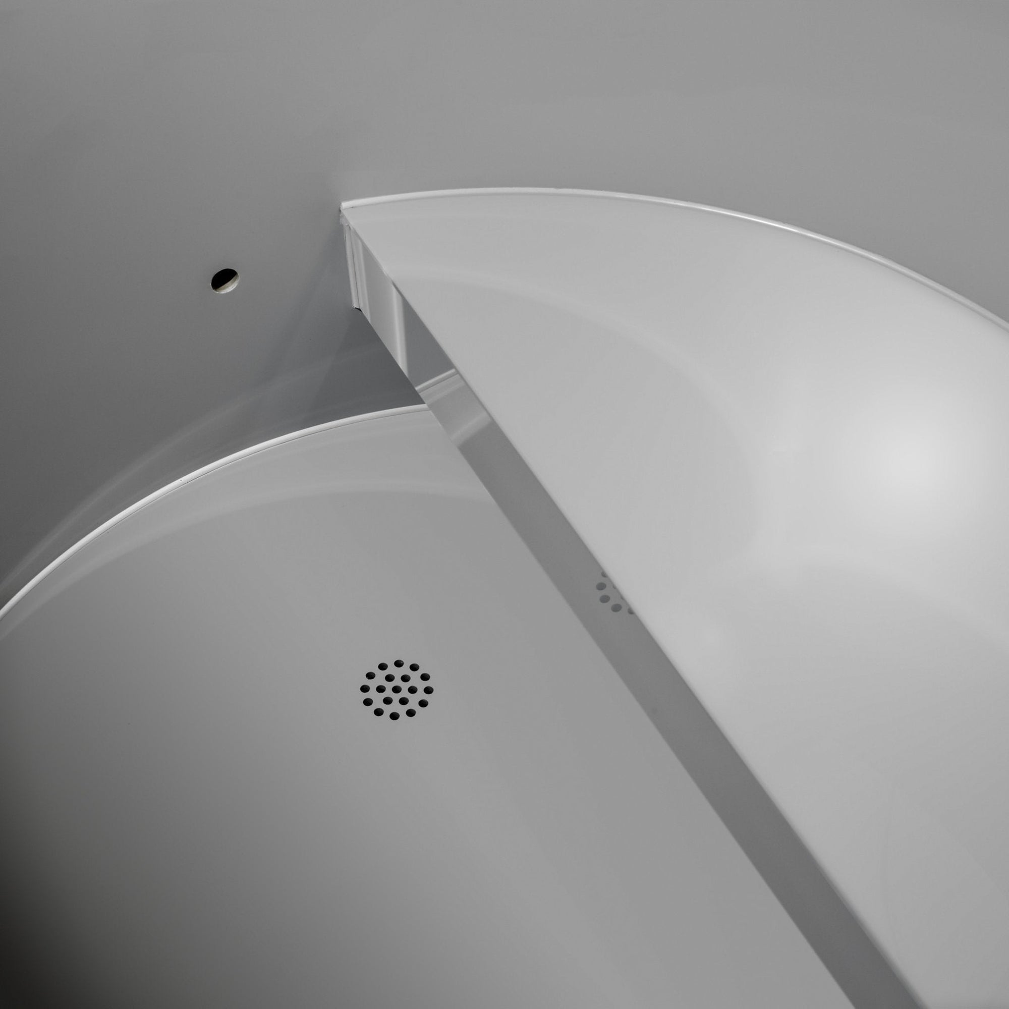 Grey lined cedar barrel cold plunge tub, three quarter view with cedar step