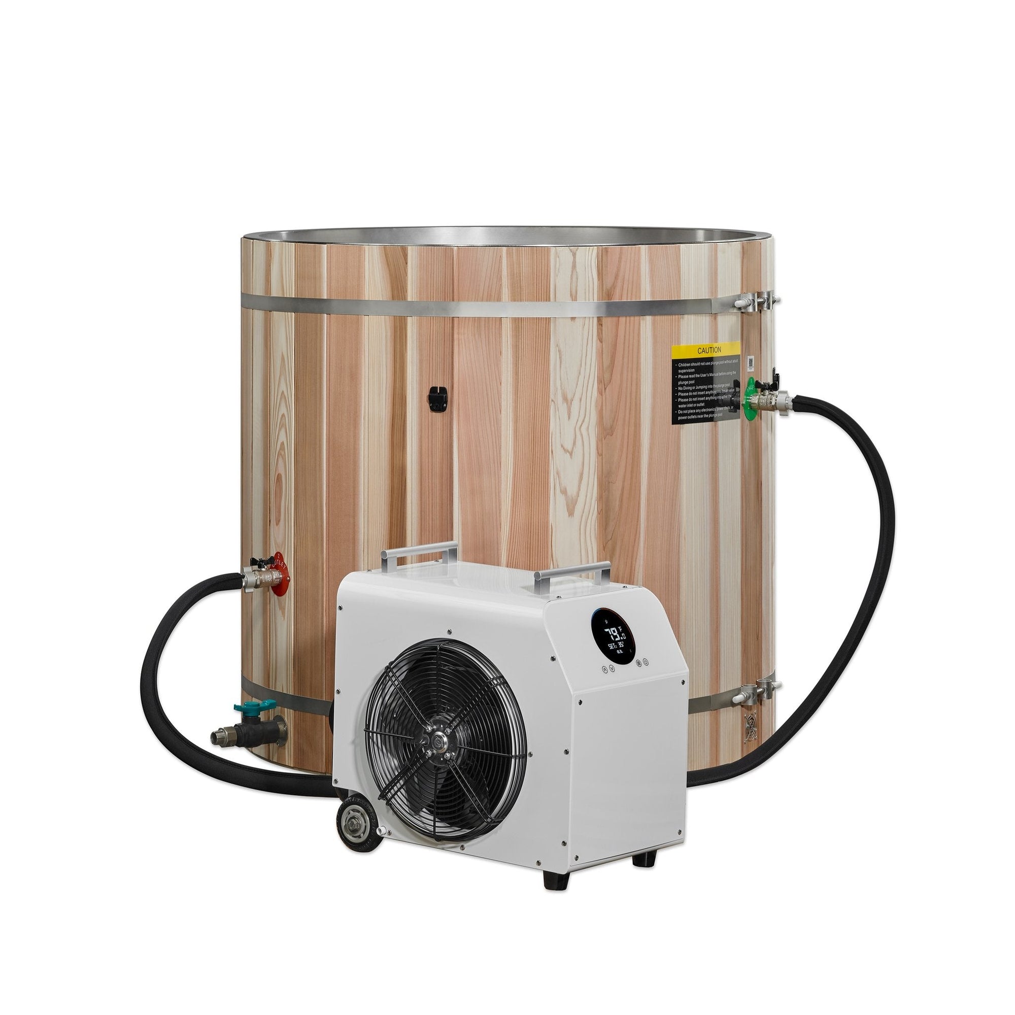42 inch cedar barrel cold plunge tub with 304 stainless interior, three quarter view