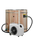 42 inch cedar barrel cold plunge tub with 304 stainless interior, three quarter view