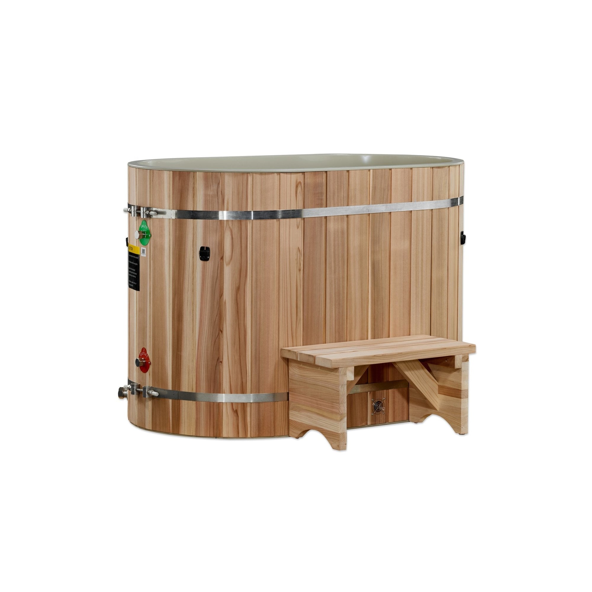 50 inch oval cedar cold plunge tub with green liner, rear three quarter view