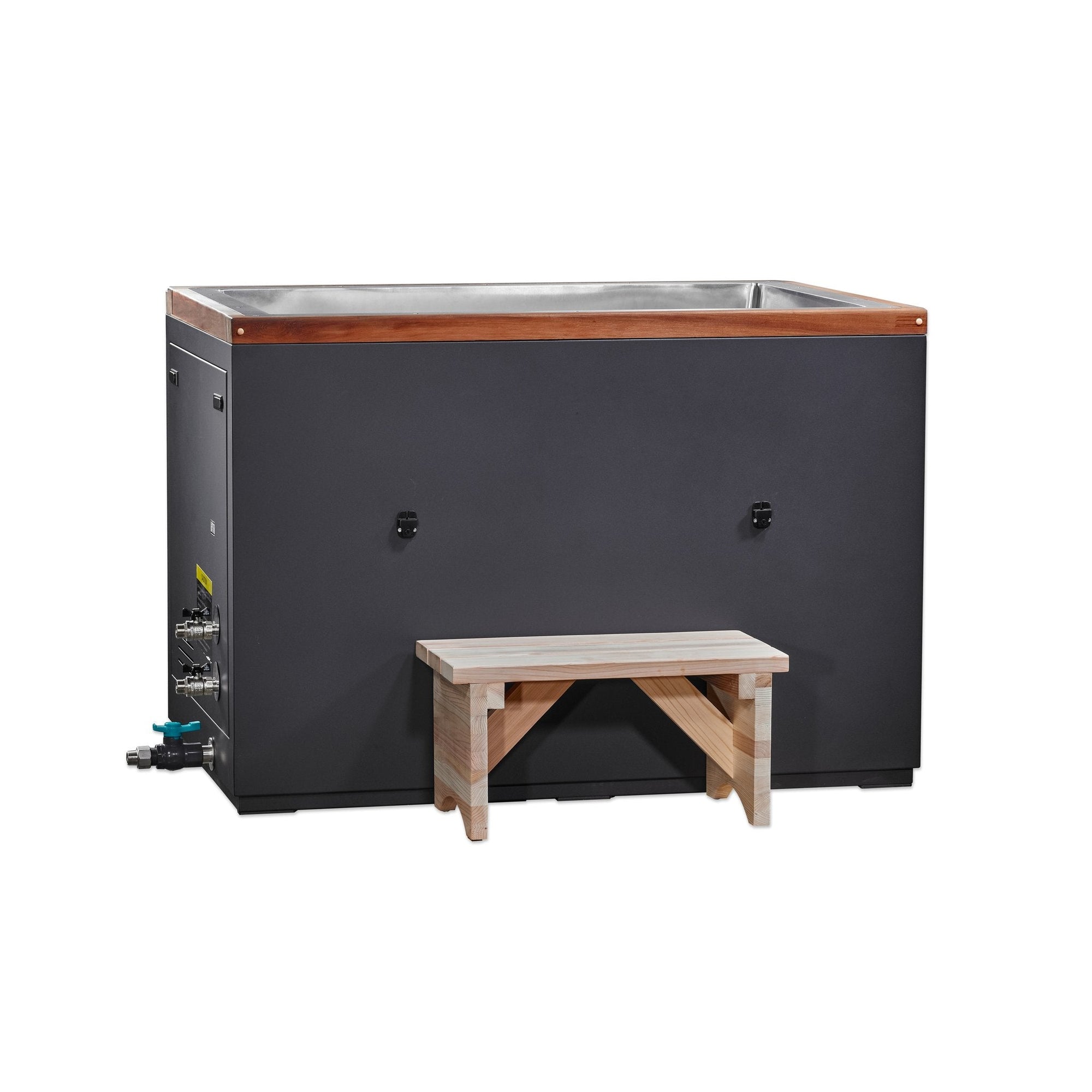 Cuboid cold plunge tub with 304 stainless interior, powder coated cabinet and Pacific cedar trim