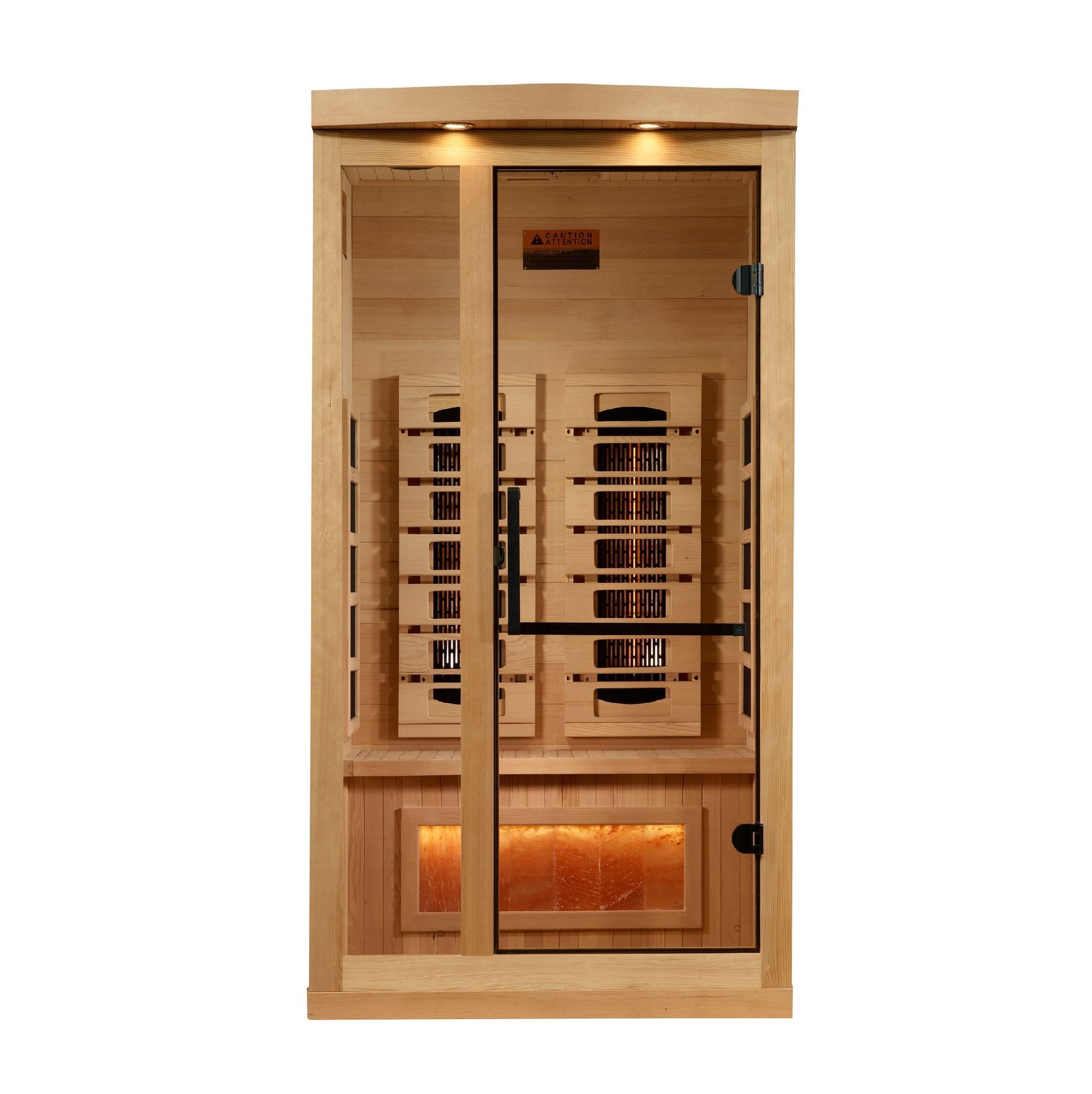Golden Designs 8010 one person full spectrum infrared sauna in Canadian hemlock, front view