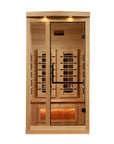 Golden Designs 8010 one person full spectrum infrared sauna in Canadian hemlock, front view