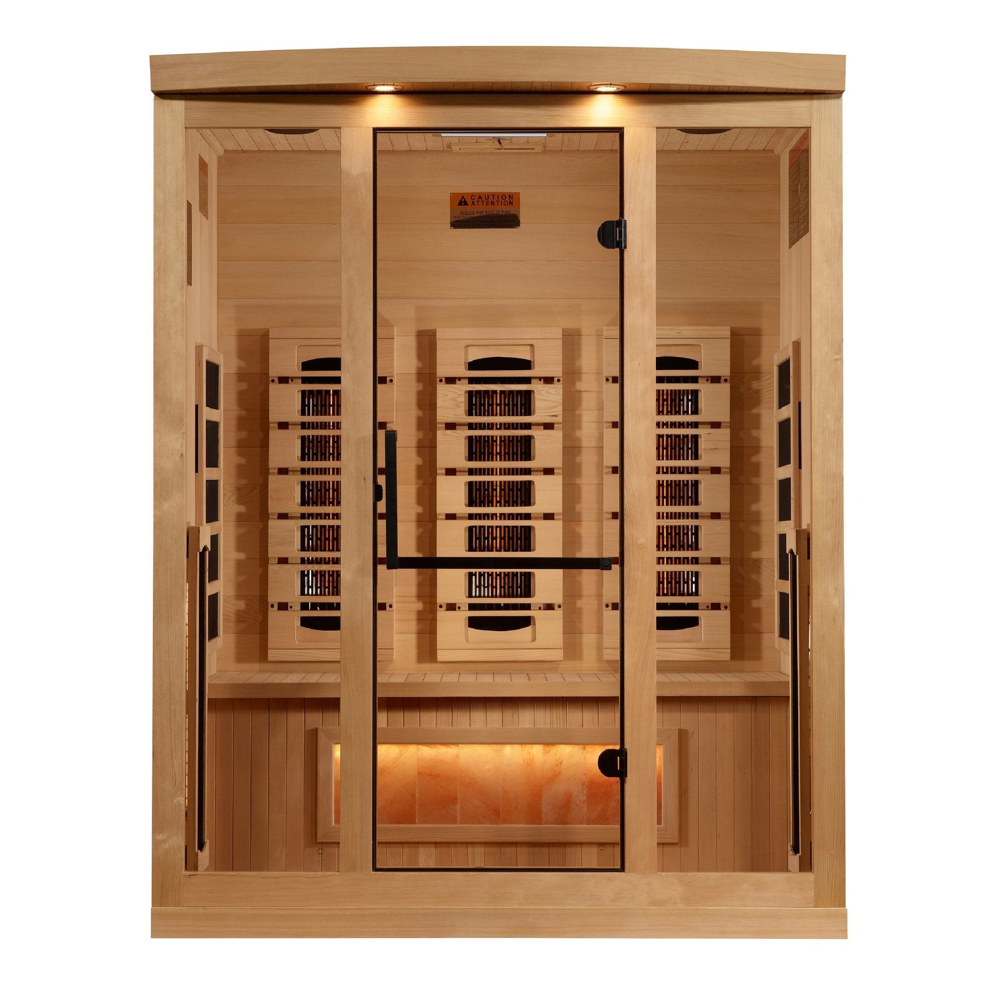 Golden Designs 8030 three person full spectrum infrared sauna in Canadian hemlock, front view