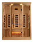 Golden Designs 8030 three person full spectrum infrared sauna in Canadian hemlock, front view