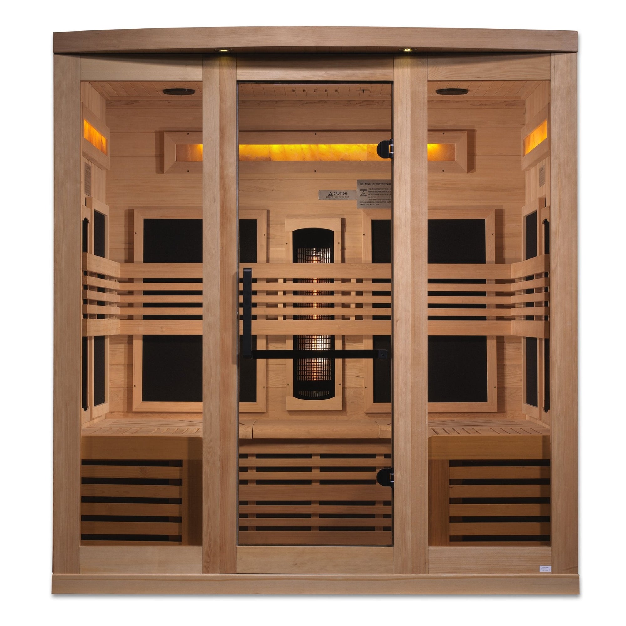Golden Designs 8260 six person full spectrum infrared sauna in Canadian hemlock, front view
