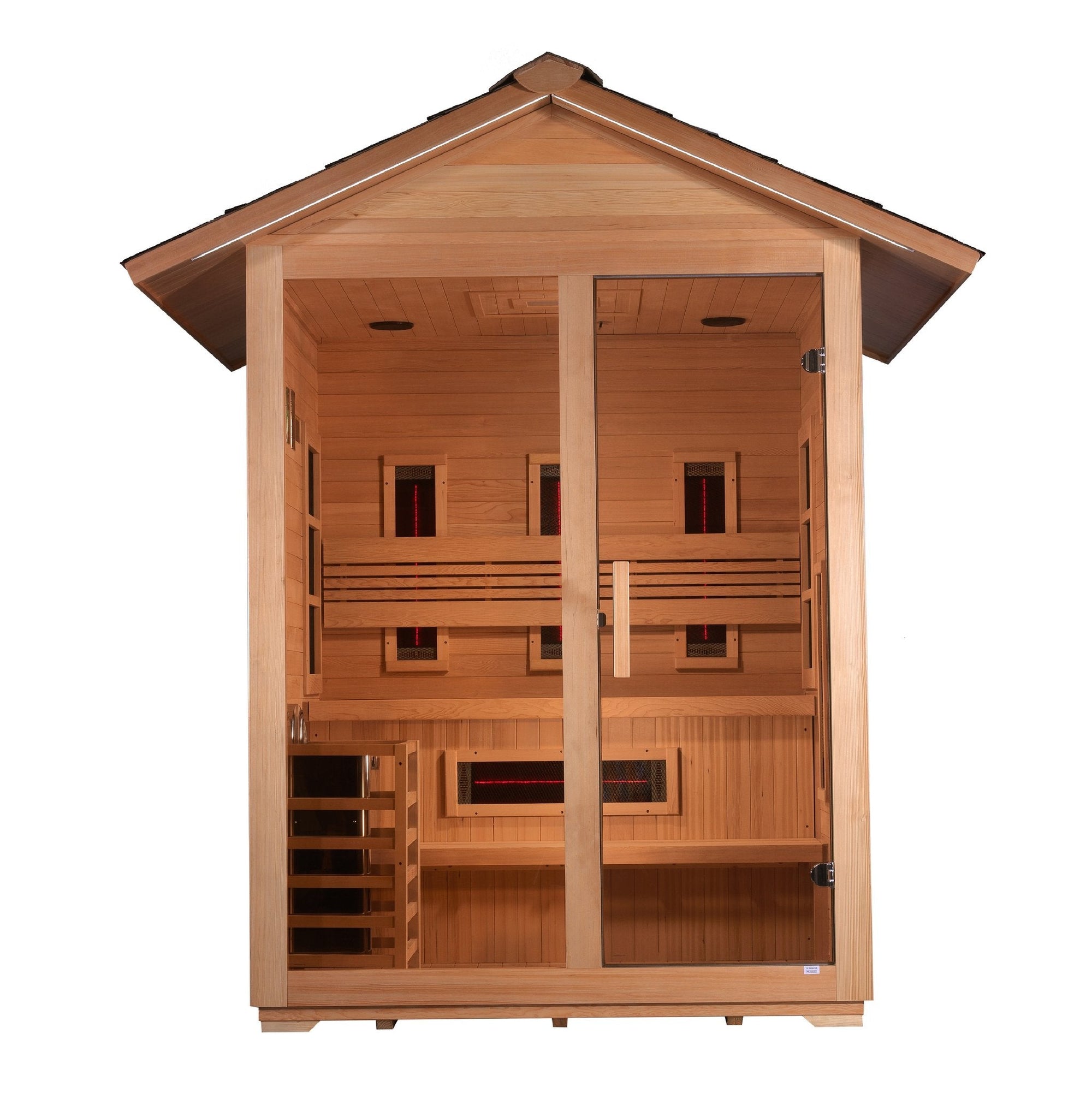 Golden Designs Carinthia three person outdoor hybrid sauna in Canadian hemlock, three quarter view