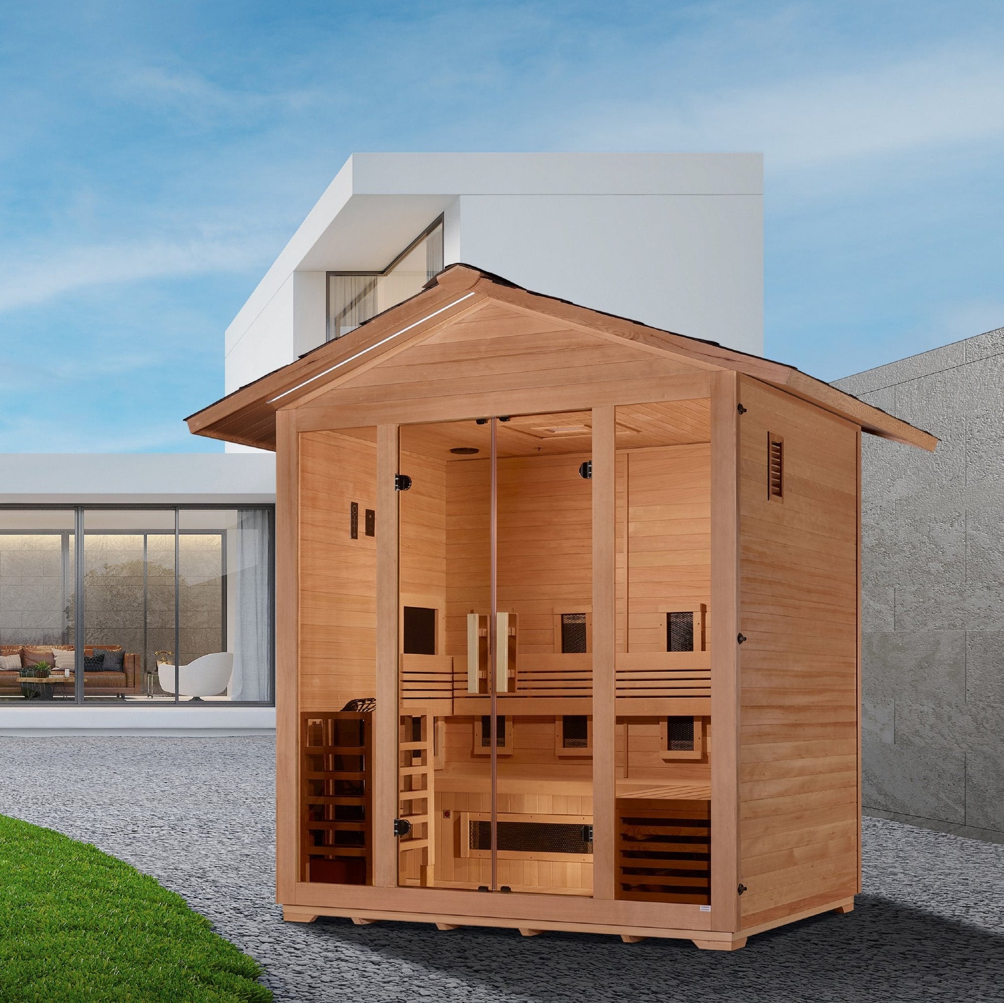 Golden Designs Gargellen five person outdoor hybrid sauna in Canadian hemlock, three quarter view