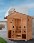 Golden Designs Gargellen five person outdoor hybrid sauna in Canadian hemlock, three quarter view