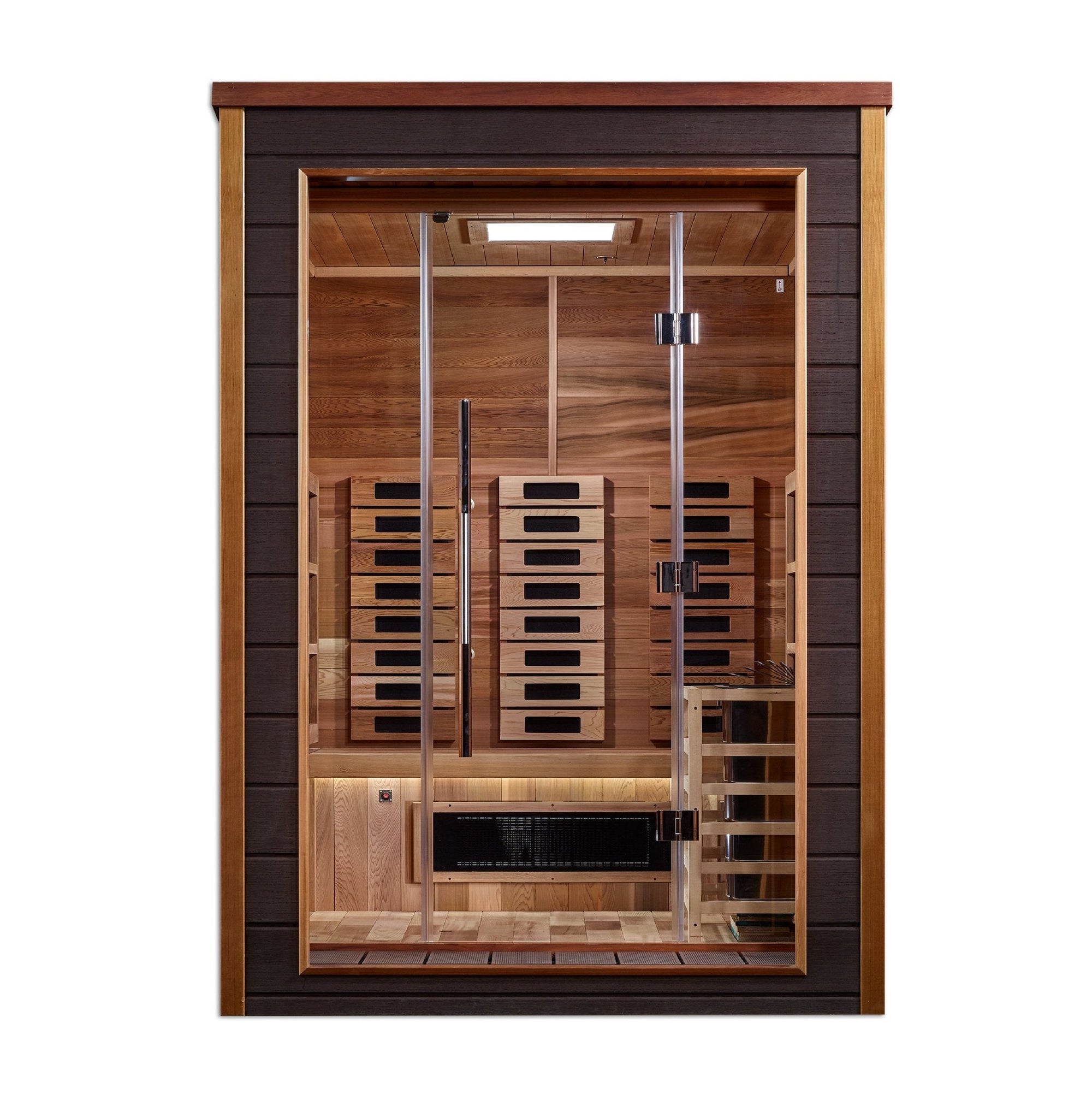 Golden Designs Nora two person outdoor hybrid sauna in espresso, three quarter view