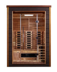 Golden Designs Nora two person outdoor hybrid sauna in espresso, three quarter view