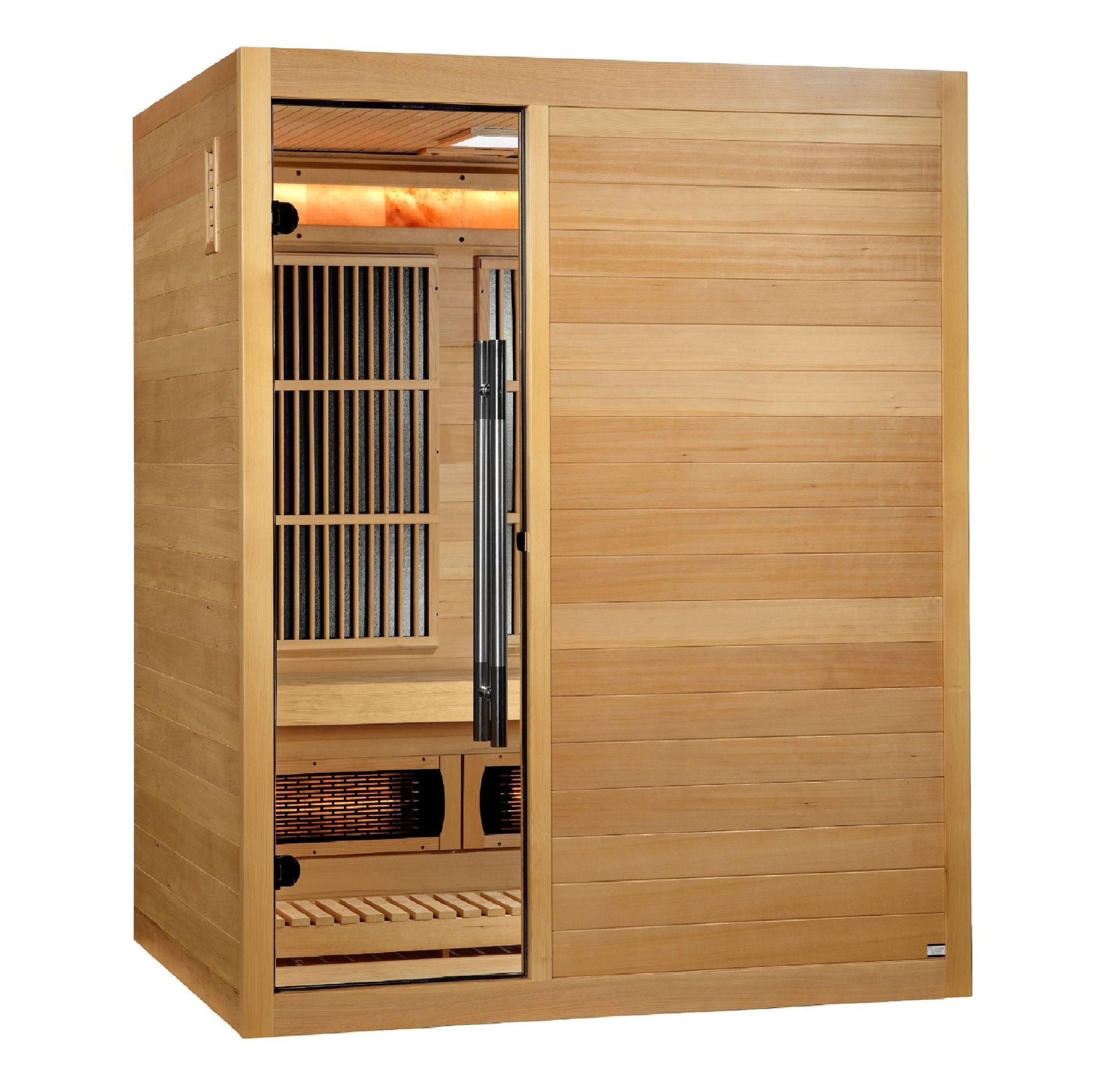Golden Designs Soria three person indoor hybrid sauna, front view with the glass door closed