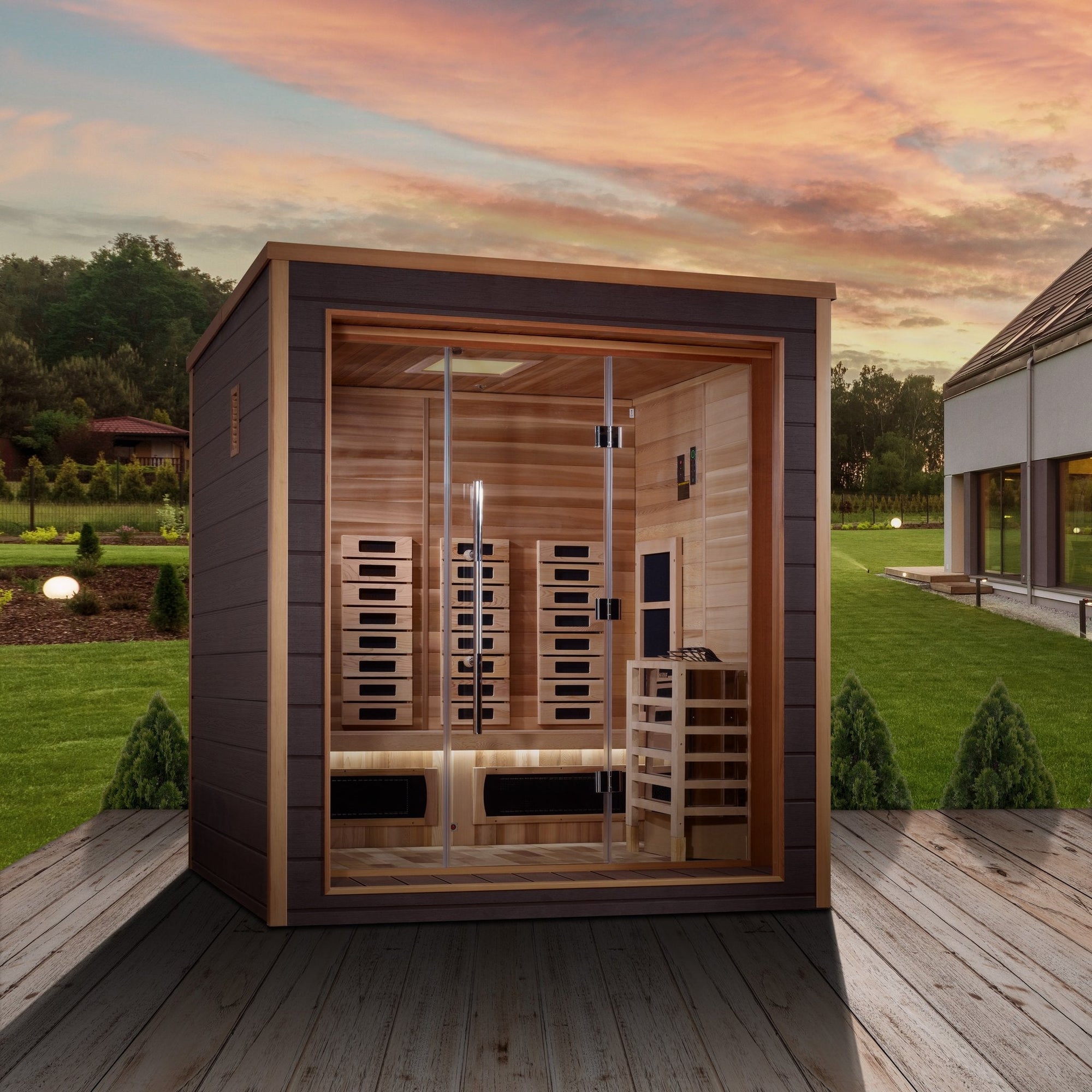 Golden Designs Visby three person outdoor hybrid sauna in espresso, three quarter view