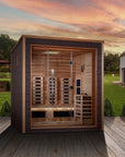 Golden Designs Visby three person outdoor hybrid sauna in espresso, three quarter view