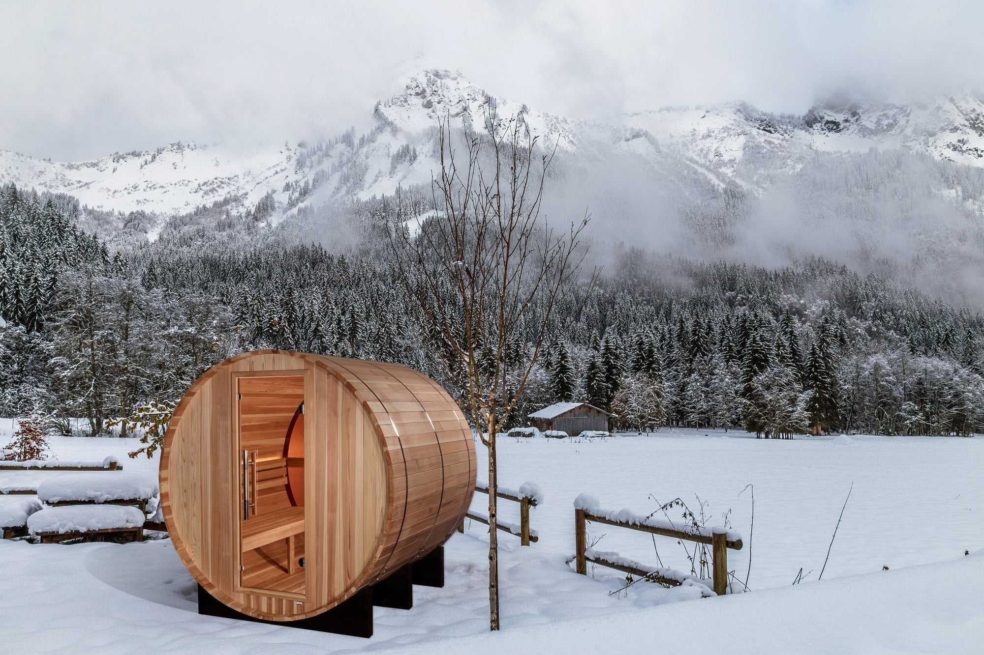Zurich four person Pacific cedar barrel sauna with bronze privacy glass door