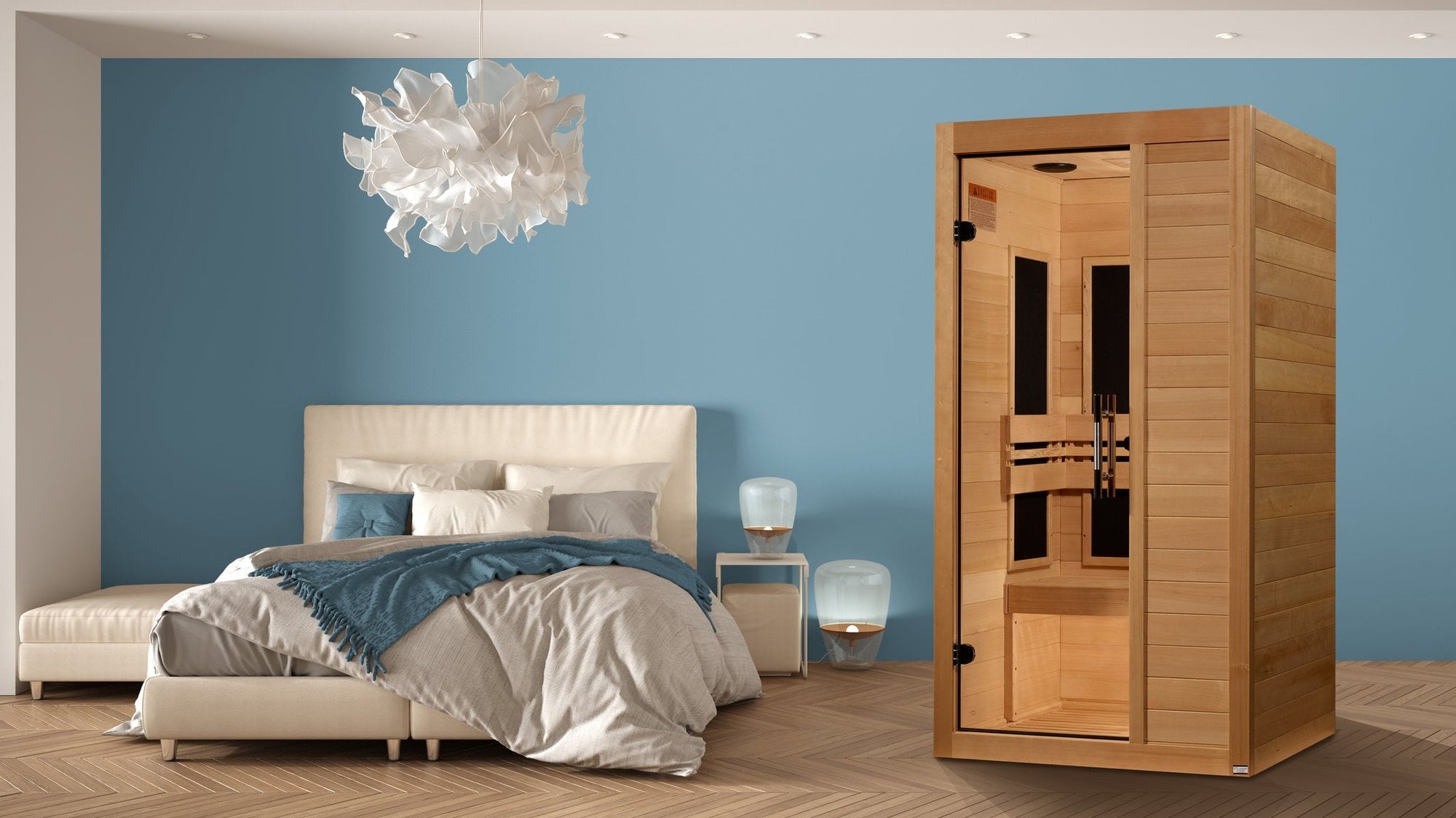 Maxxus S-Line Yoga one person infrared sauna in Canadian hemlock, front view