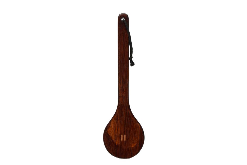 A dark brown wooden spoon with a black hanging strap, shown vertically against a plain white background.