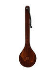 A dark brown wooden spoon with a black hanging strap, shown vertically against a plain white background.