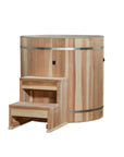 Green lined cedar barrel cold plunge tub seen from the front