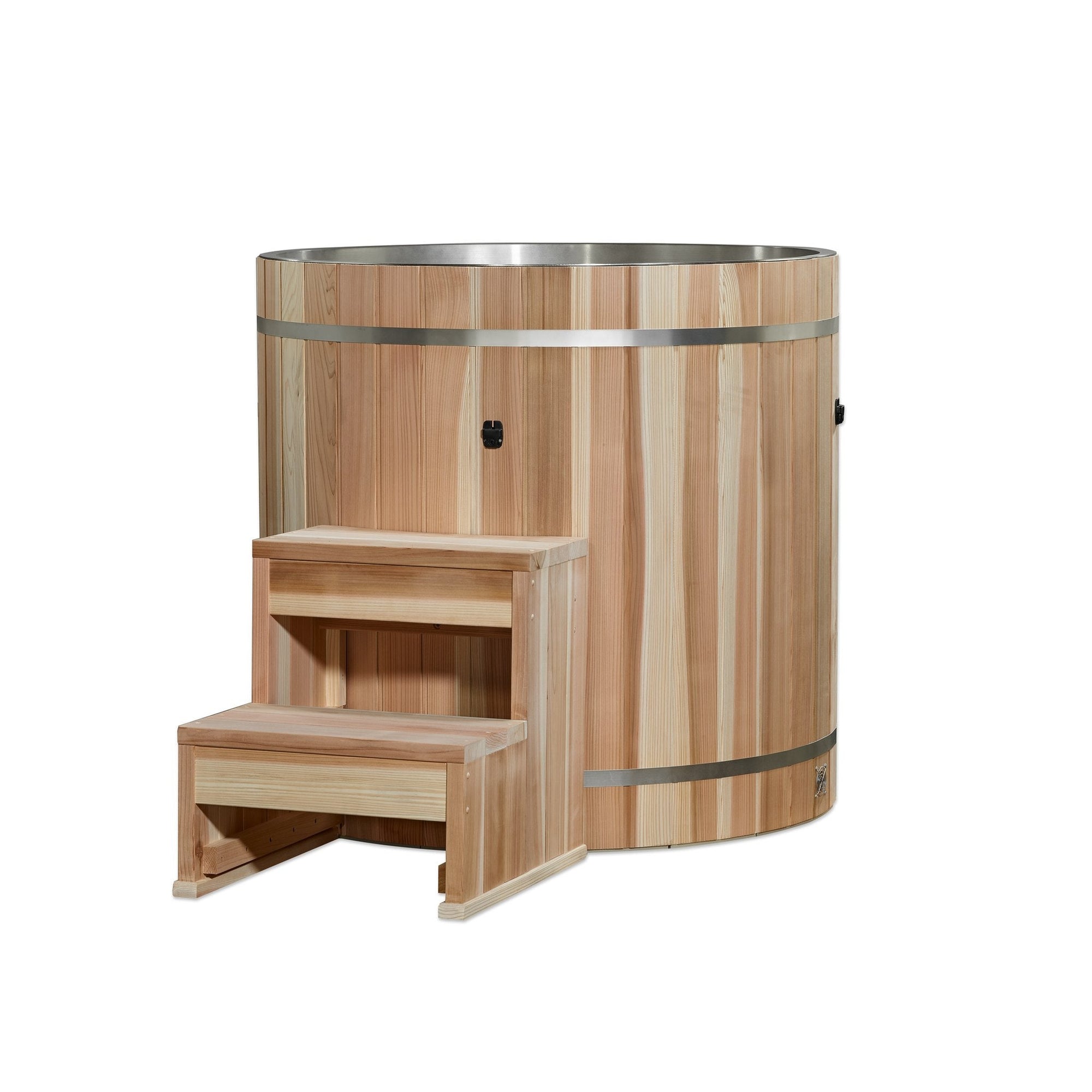 Stainless lined cedar barrel cold plunge seen from the front
