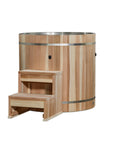 Stainless lined cedar barrel cold plunge seen from the front
