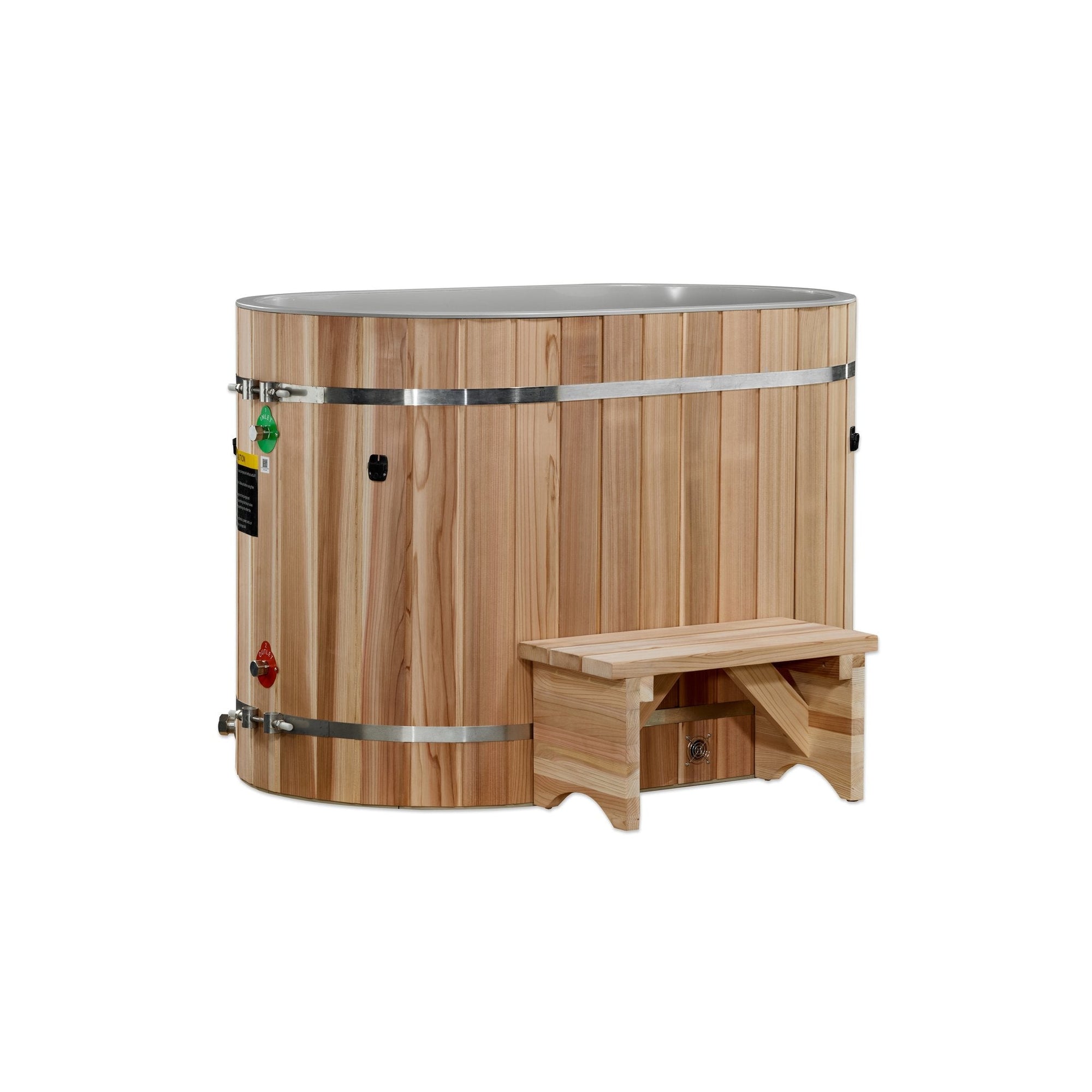 Oval cedar cold plunge tub from behind, cedar step alongside