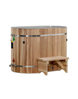 Oval cedar cold plunge tub from behind, cedar step alongside