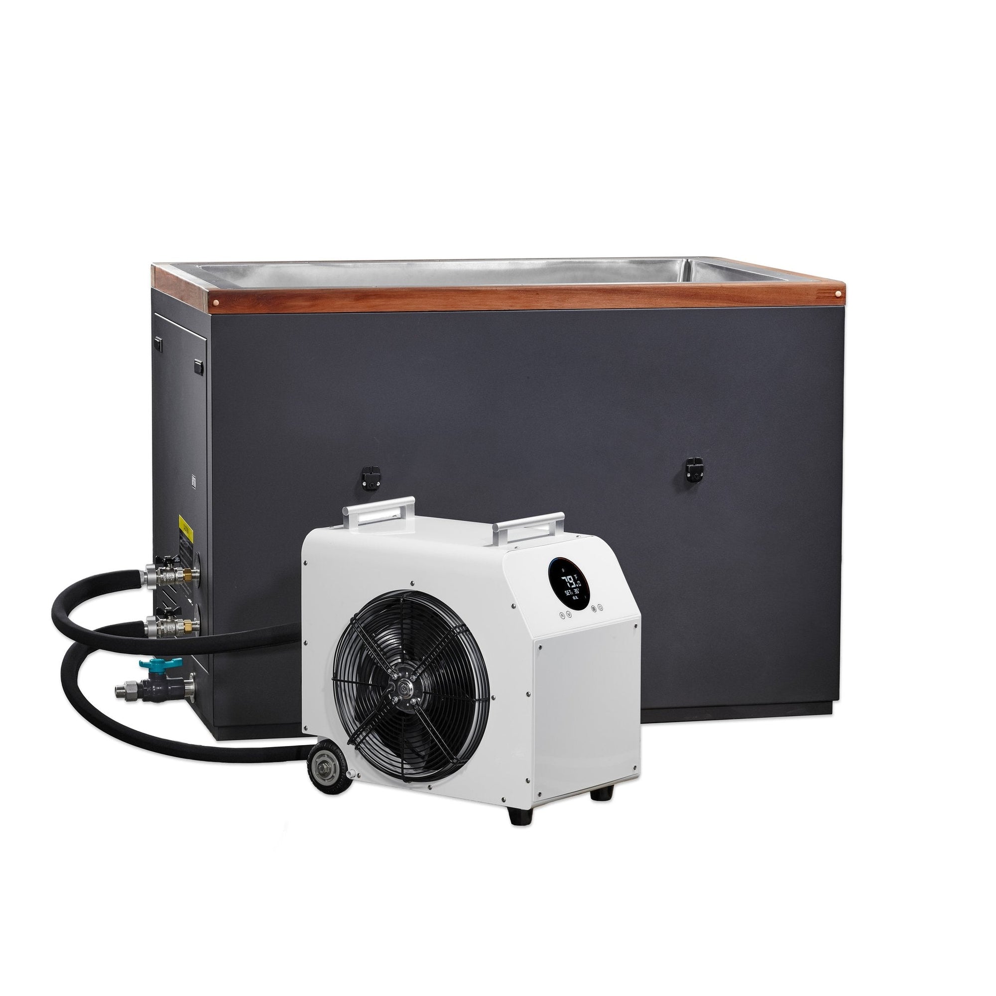 Stainless cuboid cold plunge with the chiller connected alongside