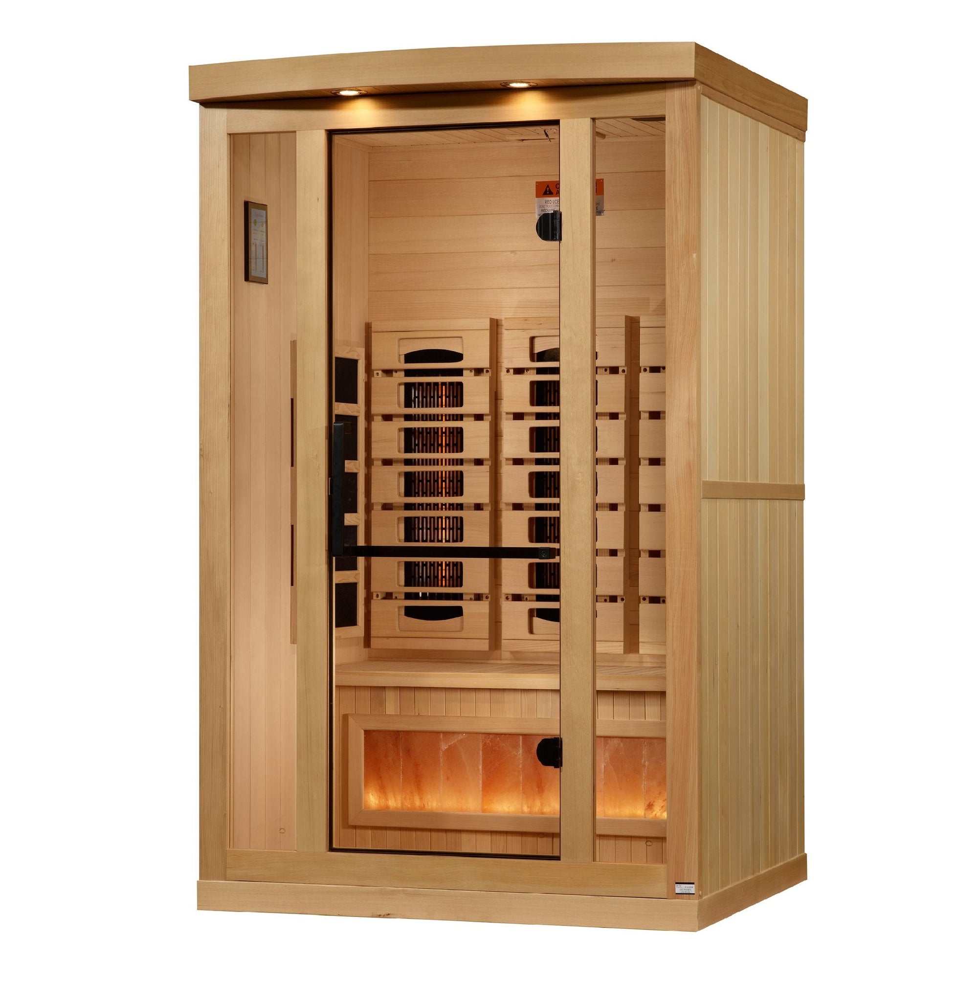 8020 sauna three quarter view, showing the bench depth for two