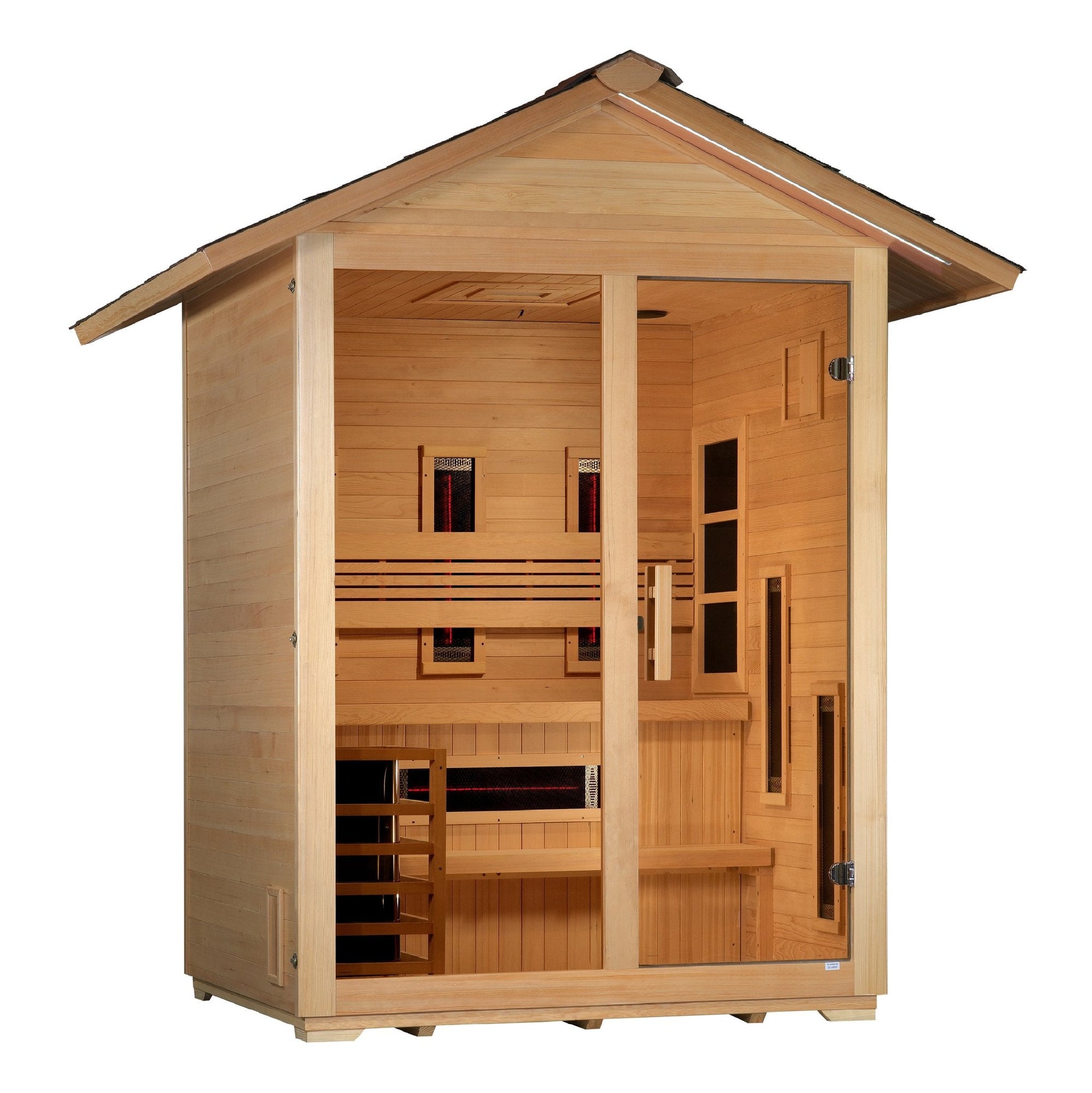 Carinthia sauna from the front, covered porch and glass door