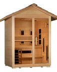 Carinthia sauna from the front, covered porch and glass door