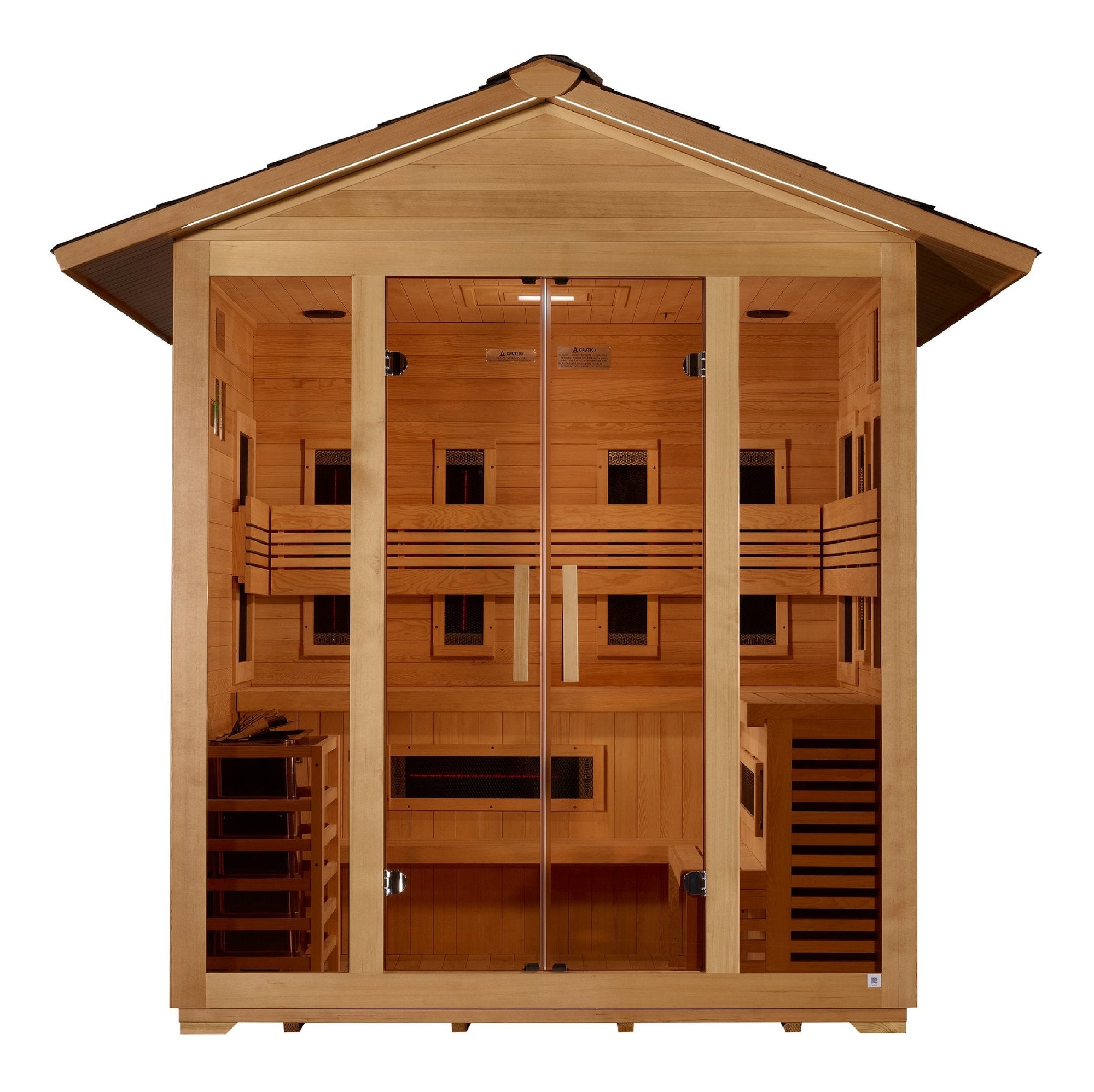 Gargellen sauna from the front, covered porch and glass door