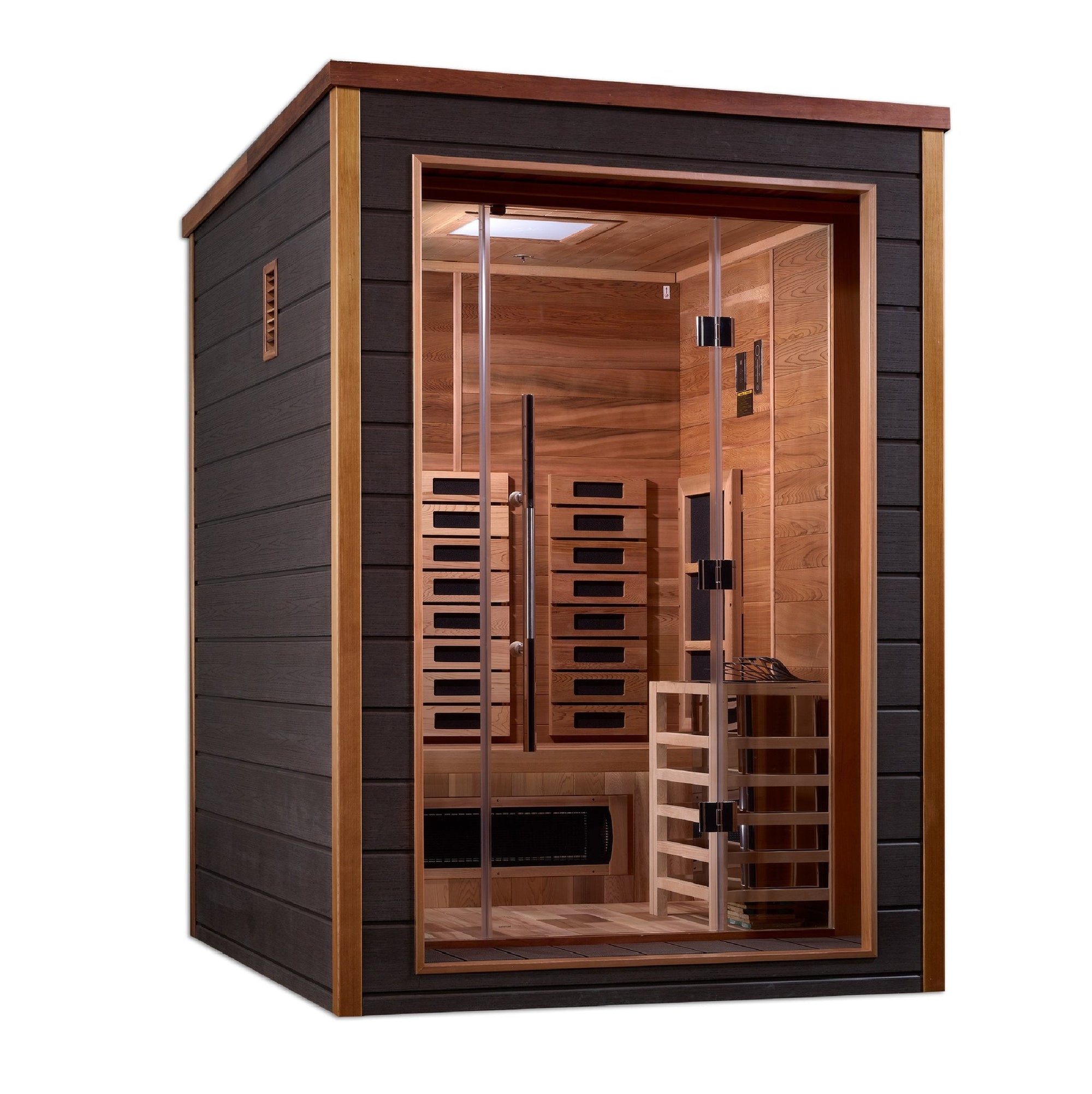 Nora sauna from the front, clean modern lines and full height glass