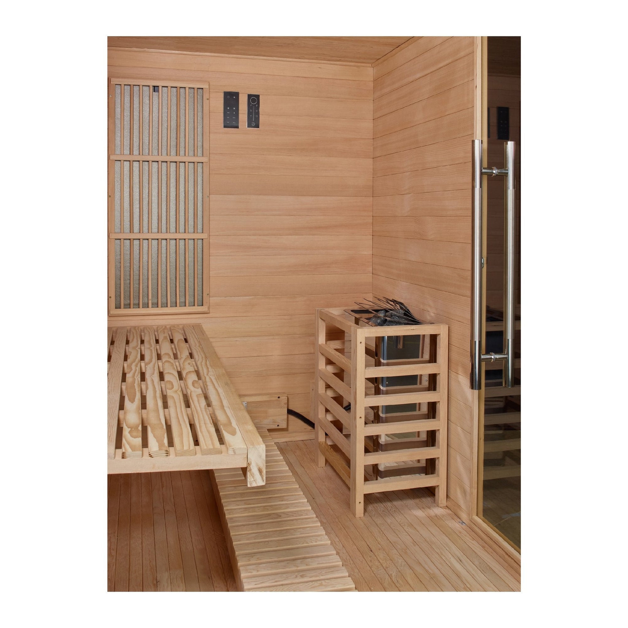 Soria interior showing the Harvia stove and the infrared panels together