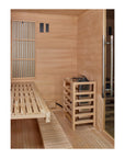 Soria interior showing the Harvia stove and the infrared panels together
