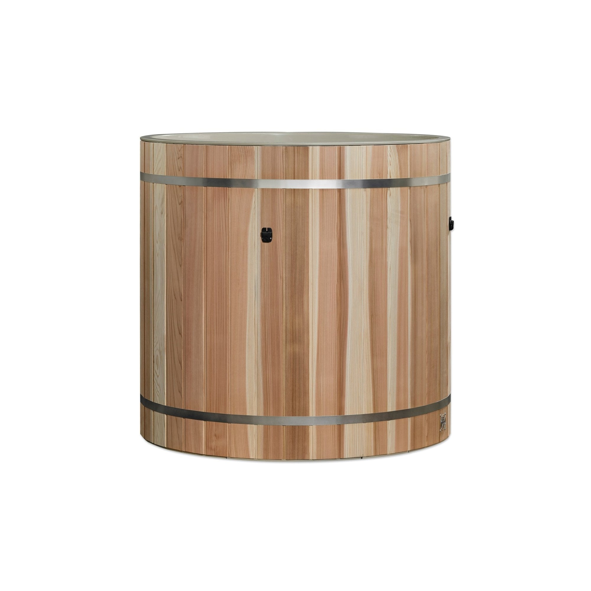 Green lined cedar barrel cold plunge tub, straight on front view