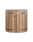 Green lined cedar barrel cold plunge tub, straight on front view