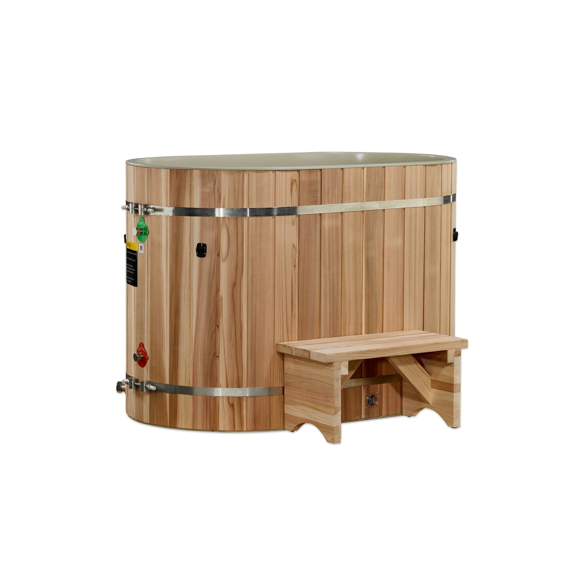Oval cedar cold plunge tub rear view with the cover fitted